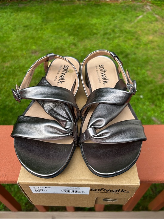 SoftWalk Shoes - SoftWalk Women's Tieli Metallic Pewter Knot Leather Slingback Sandals